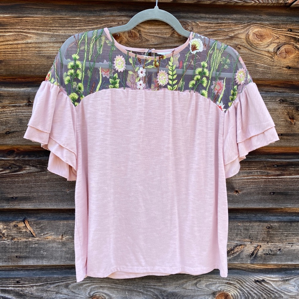 Adiva Pink Top with Shear Floral Detail & Ruffles